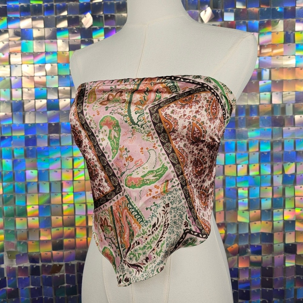 Cider Paisley Handkerchief Tube Top Womens XS Pink Y2K Clubcore Tie Back Satin